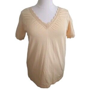 NWT SILHOUETTES Womens XL Crochet V-Neck Short Sleeve Cotton Solid Yellow Top